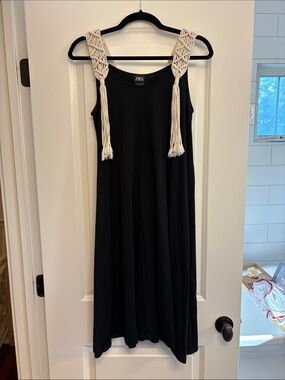 Zara Black Midi Dress with Cream Macramé Tassel Straps